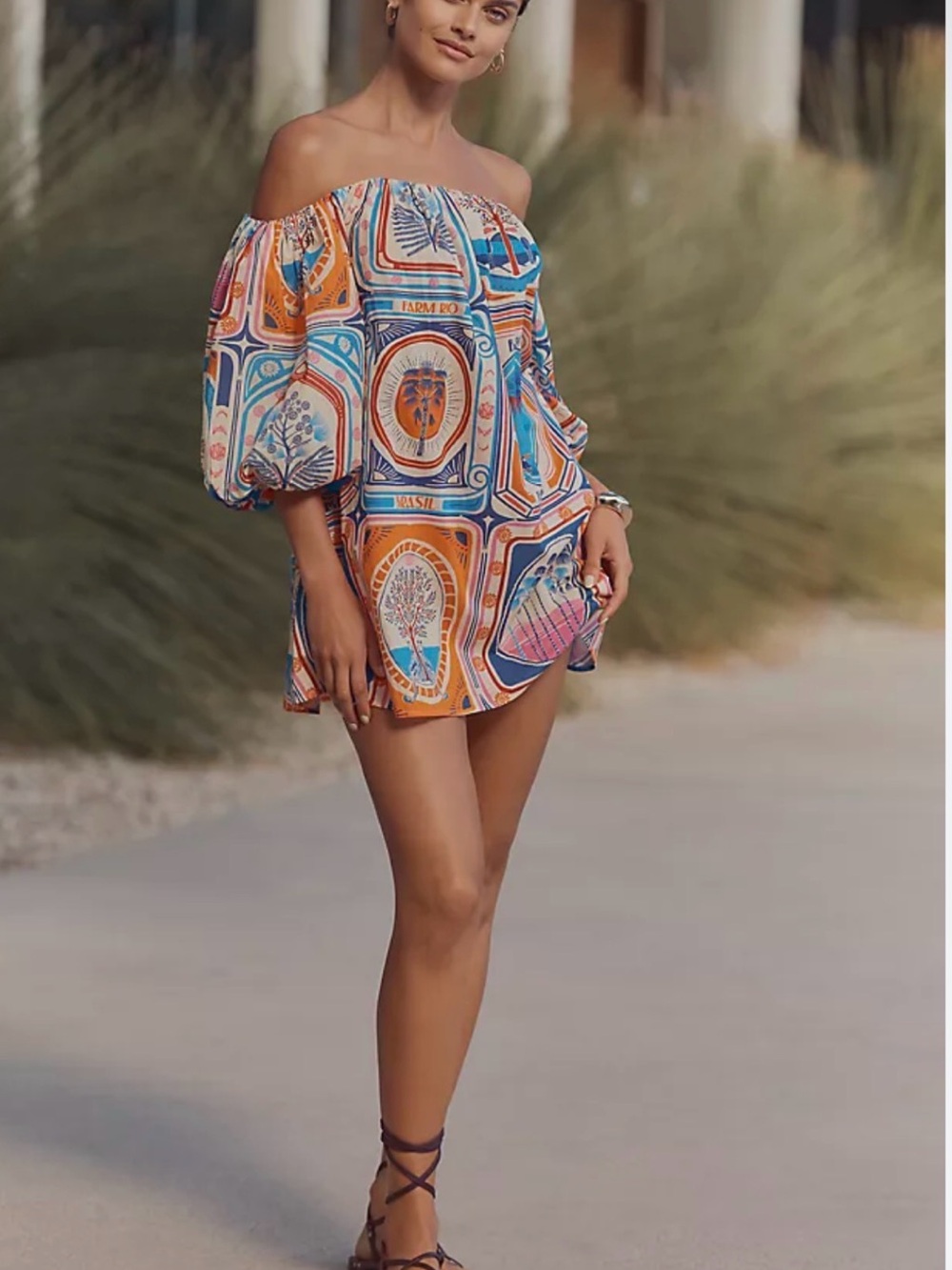Farm Rio Off-Shoulder Mini Dress in Blue & Orange Tile Print